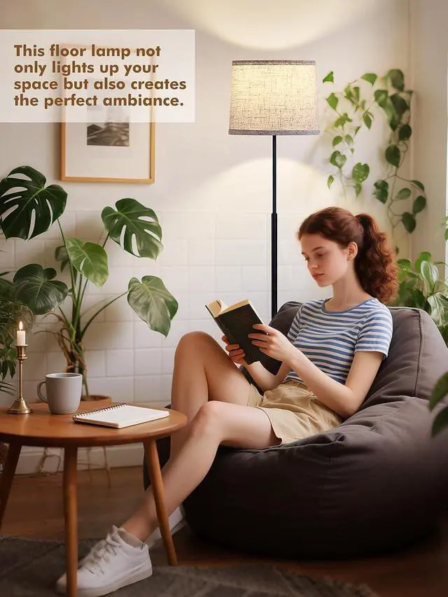 Alt view image 7 of 7 - 60" Modern Floor Lamp for Living Room Bedroom, Standing Lamp with Oatmeal Linen Lampshade, Tall Lamp with A19 9W 3 Color Temperature Bulb, Foot Switch Control, Black