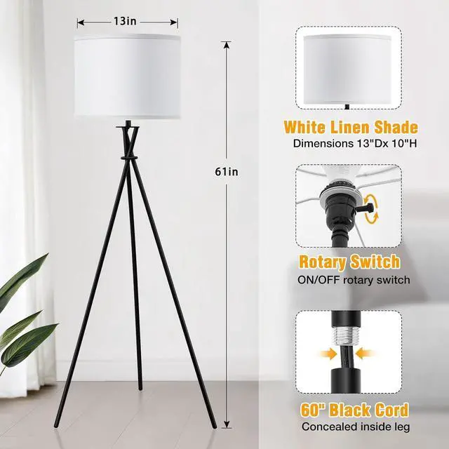 Alt view image 2 of 7 - Floor Lamp for Living Room, 61'' Modern Tripod Floor Lamps with White Shade & Rotary Switch, Black Floor lamp for Bedroom, Office, Simple Design Lamp