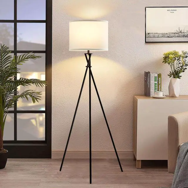 Main image of Floor Lamp for Living Room, 61'' Modern Tripod Floor Lamps with White Shade & Rotary Switch, Black Floor lamp for Bedroom, Office, Simple Design Lamp
