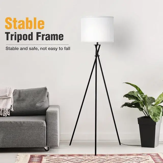 Alt view image 3 of 7 - Floor Lamp for Living Room, 61'' Modern Tripod Floor Lamps with White Shade & Rotary Switch, Black Floor lamp for Bedroom, Office, Simple Design Lamp