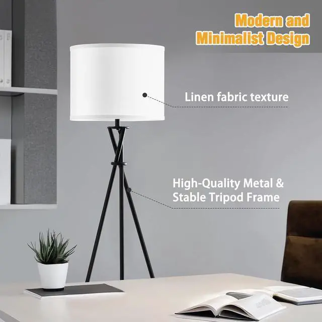 Alt view image 4 of 7 - Floor Lamp for Living Room, 61'' Modern Tripod Floor Lamps with White Shade & Rotary Switch, Black Floor lamp for Bedroom, Office, Simple Design Lamp