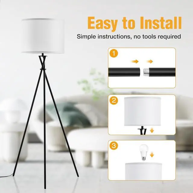 Alt view image 5 of 7 - Floor Lamp for Living Room, 61'' Modern Tripod Floor Lamps with White Shade & Rotary Switch, Black Floor lamp for Bedroom, Office, Simple Design Lamp
