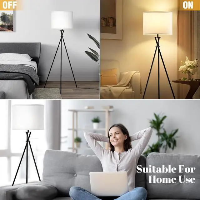 Alt view image 6 of 7 - Floor Lamp for Living Room, 61'' Modern Tripod Floor Lamps with White Shade & Rotary Switch, Black Floor lamp for Bedroom, Office, Simple Design Lamp