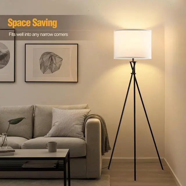 Alt view image 7 of 7 - Floor Lamp for Living Room, 61'' Modern Tripod Floor Lamps with White Shade & Rotary Switch, Black Floor lamp for Bedroom, Office, Simple Design Lamp