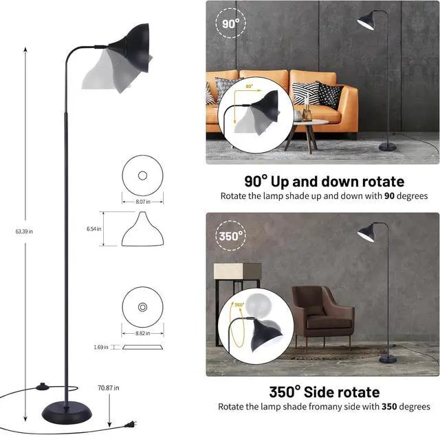 Alt view image 2 of 6 - Industrial LED Floor Lamp,Black Metal Adjustable Standing Lamp for Living Room, Bedroom, Office,Rotating Head Tall Reading Lamp for Sofa or Desk, Modern Home Decor (Industrial, Tall)