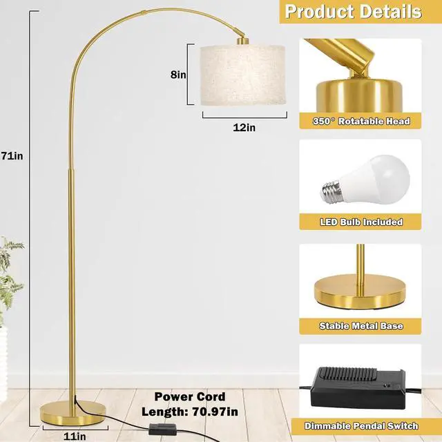 Alt view image 2 of 6 - Gold Arc Floor Lamp, Dimmable Floor Lamp for Living Room, Mordern Standing Light with Adjustable Lamp Head, Tall Pole Lamp Over Couch Arched Light for Reading, Bedroom, Office, 9W LED Bulb Included