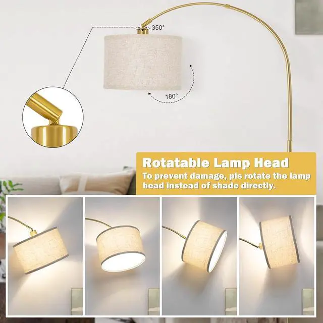 Alt view image 4 of 6 - Gold Arc Floor Lamp, Dimmable Floor Lamp for Living Room, Mordern Standing Light with Adjustable Lamp Head, Tall Pole Lamp Over Couch Arched Light for Reading, Bedroom, Office, 9W LED Bulb Included