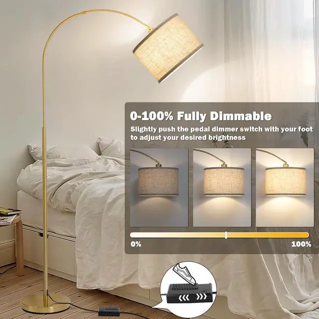 Alt view image 3 of 6 - Gold Arc Floor Lamp, Dimmable Floor Lamp for Living Room, Mordern Standing Light with Adjustable Lamp Head, Tall Pole Lamp Over Couch Arched Light for Reading, Bedroom, Office, 9W LED Bulb Included