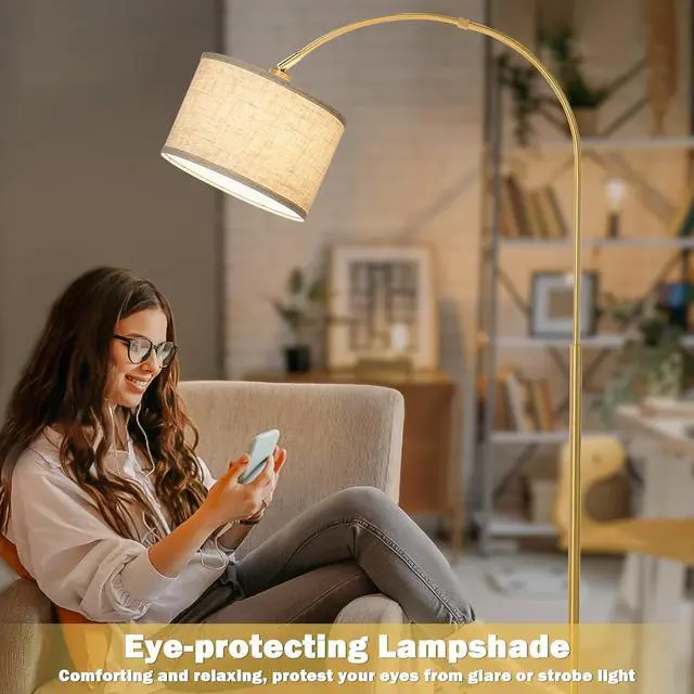 Alt view image 5 of 6 - Gold Arc Floor Lamp, Dimmable Floor Lamp for Living Room, Mordern Standing Light with Adjustable Lamp Head, Tall Pole Lamp Over Couch Arched Light for Reading, Bedroom, Office, 9W LED Bulb Included