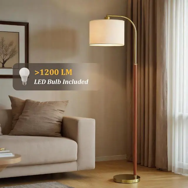 Alt view image 2 of 6 - 66 Walnut Gold Floor Lamp for Living Room, 1200 Lumens 3-Level Brightness Arc Floor Lamp for Bedroom, Wood Vintage Mid Century Modern Standing Lamp, Adjustable Lampshade, LED Bulb Included