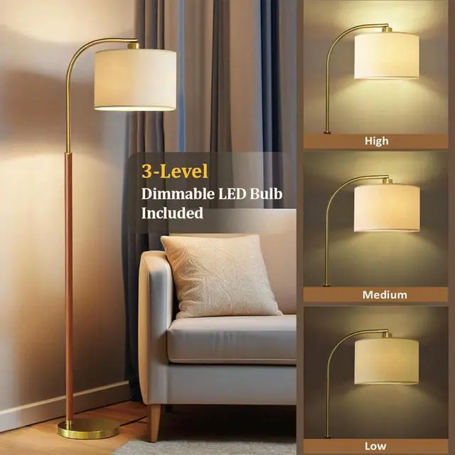 Alt view image 3 of 6 - 66 Walnut Gold Floor Lamp for Living Room, 1200 Lumens 3-Level Brightness Arc Floor Lamp for Bedroom, Wood Vintage Mid Century Modern Standing Lamp, Adjustable Lampshade, LED Bulb Included