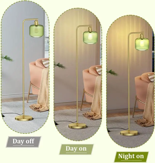 Alt view image 2 of 7 - Glass Floor Lamp for Living Room, Modern Standing Lamp with Green Ribbed Glass Lampshade and Pedal Switch, 66 Tall Lamp & Gold Floor Lamp for Bedroom Study Room,Brushed Gold(3000K LED Bulb Included)