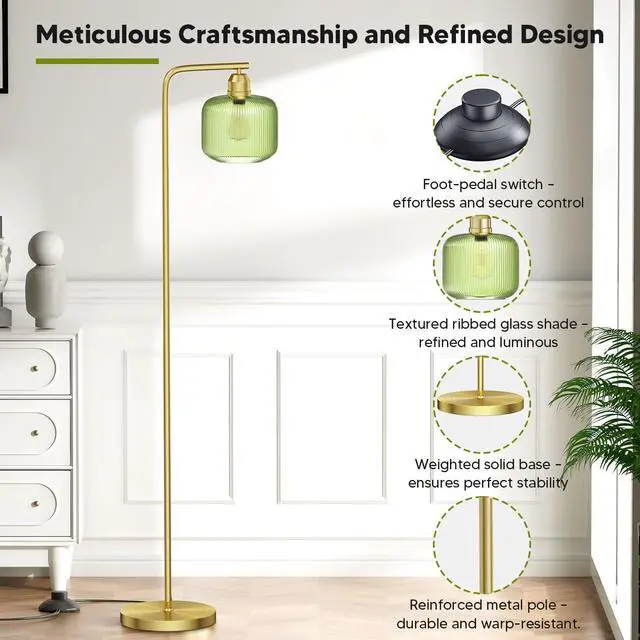 Alt view image 3 of 7 - Glass Floor Lamp for Living Room, Modern Standing Lamp with Green Ribbed Glass Lampshade and Pedal Switch, 66 Tall Lamp & Gold Floor Lamp for Bedroom Study Room,Brushed Gold(3000K LED Bulb Included)