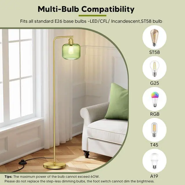 Alt view image 4 of 7 - Glass Floor Lamp for Living Room, Modern Standing Lamp with Green Ribbed Glass Lampshade and Pedal Switch, 66 Tall Lamp & Gold Floor Lamp for Bedroom Study Room,Brushed Gold(3000K LED Bulb Included)