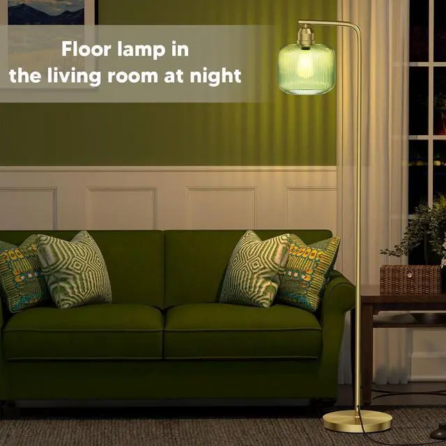 Alt view image 6 of 7 - Glass Floor Lamp for Living Room, Modern Standing Lamp with Green Ribbed Glass Lampshade and Pedal Switch, 66 Tall Lamp & Gold Floor Lamp for Bedroom Study Room,Brushed Gold(3000K LED Bulb Included)