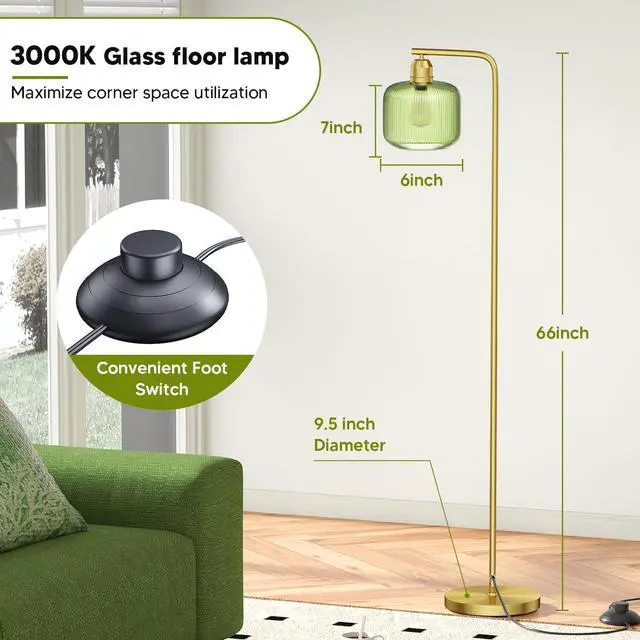 Alt view image 5 of 7 - Glass Floor Lamp for Living Room, Modern Standing Lamp with Green Ribbed Glass Lampshade and Pedal Switch, 66 Tall Lamp & Gold Floor Lamp for Bedroom Study Room,Brushed Gold(3000K LED Bulb Included)