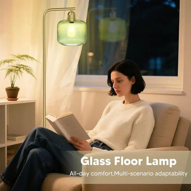 Alt view image 7 of 7 - Glass Floor Lamp for Living Room, Modern Standing Lamp with Green Ribbed Glass Lampshade and Pedal Switch, 66 Tall Lamp & Gold Floor Lamp for Bedroom Study Room,Brushed Gold(3000K LED Bulb Included)