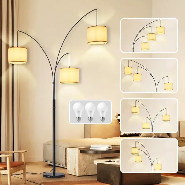 Main image of DLLT Modern Floor Lamp for Room: 3-Light Black Tree Dimmable Floor Lamps with Beige Shades for Living Room - Arc Standing Lamp for Bedroom - Tall Floor Lamp for Office Corner 3 LED Bulbs Included