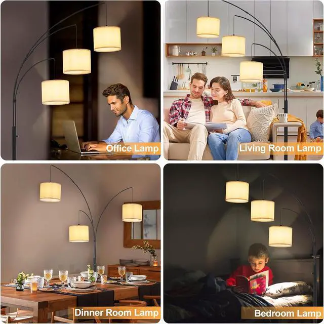 Alt view image 2 of 7 - DLLT Modern Floor Lamp for Room: 3-Light Black Tree Dimmable Floor Lamps with Beige Shades for Living Room - Arc Standing Lamp for Bedroom - Tall Floor Lamp for Office Corner 3 LED Bulbs Included