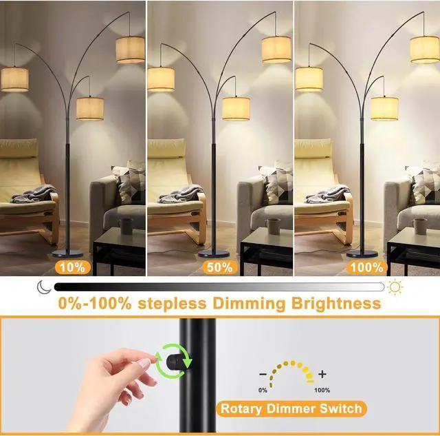 Alt view image 4 of 7 - DLLT Modern Floor Lamp for Room: 3-Light Black Tree Dimmable Floor Lamps with Beige Shades for Living Room - Arc Standing Lamp for Bedroom - Tall Floor Lamp for Office Corner 3 LED Bulbs Included