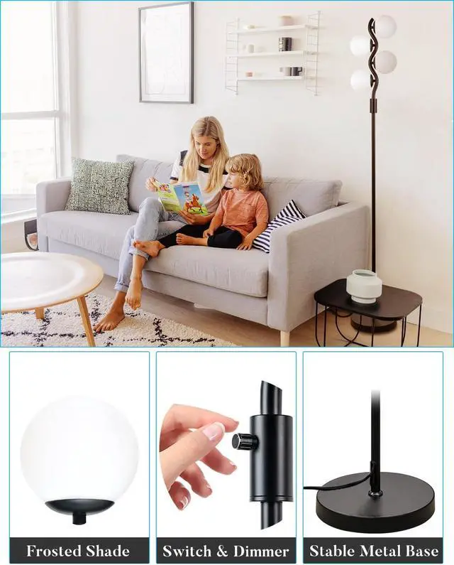 Alt view image 4 of 7 - Lightdot Dimmable Globe Floor Lamp, Black Standing Lamps with 4pcs 3000K G9 Bulbs Soft Warm White Eye Care, Mid Century Floor Lamp for Living Room/Bedroom