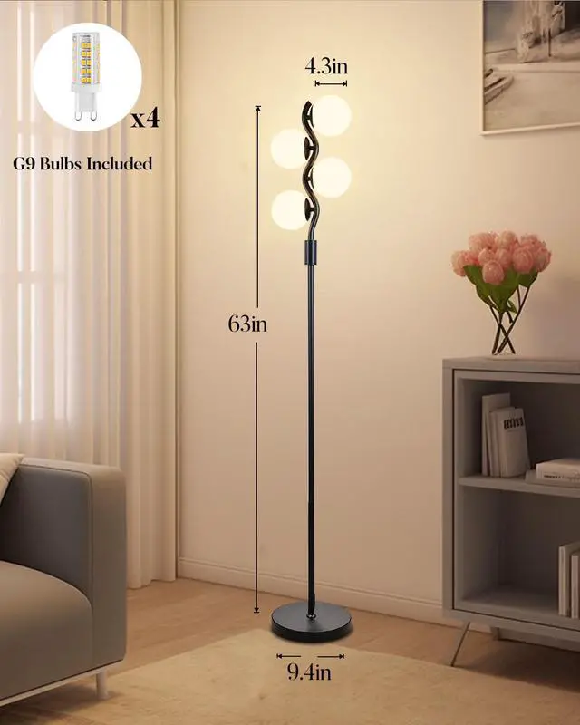 Alt view image 5 of 7 - Lightdot Dimmable Globe Floor Lamp, Black Standing Lamps with 4pcs 3000K G9 Bulbs Soft Warm White Eye Care, Mid Century Floor Lamp for Living Room/Bedroom
