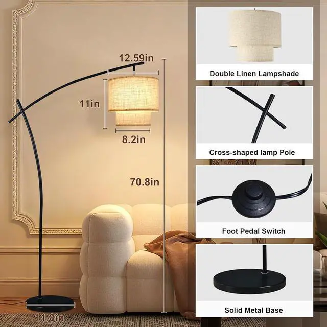 Alt view image 2 of 7 - Lightdot Arc Floor Lamp for Living Room, Modern Standing Tall Lamps with Double Linen Lampshade, Tall Hanging Pole Lamp with Stable Metal Base & Foot Switch for Bedroom Home Office-Black