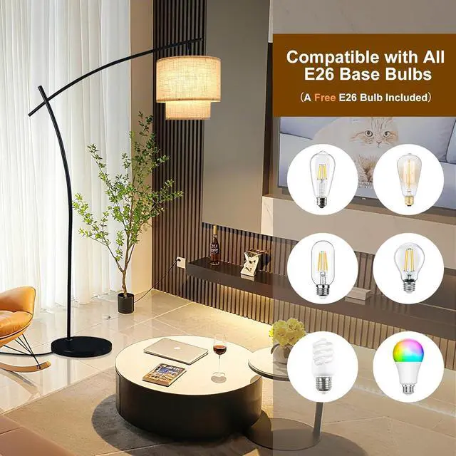 Alt view image 3 of 7 - Lightdot Arc Floor Lamp for Living Room, Modern Standing Tall Lamps with Double Linen Lampshade, Tall Hanging Pole Lamp with Stable Metal Base & Foot Switch for Bedroom Home Office-Black
