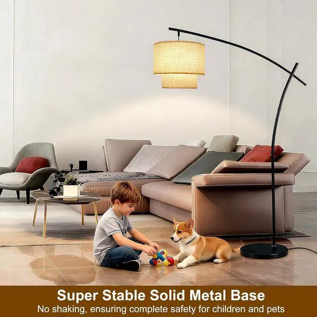 Alt view image 7 of 7 - Lightdot Arc Floor Lamp for Living Room, Modern Standing Tall Lamps with Double Linen Lampshade, Tall Hanging Pole Lamp with Stable Metal Base & Foot Switch for Bedroom Home Office-Black