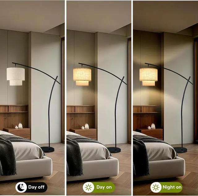Alt view image 4 of 7 - Lightdot Arc Floor Lamp for Living Room, Modern Standing Tall Lamps with Double Linen Lampshade, Tall Hanging Pole Lamp with Stable Metal Base & Foot Switch for Bedroom Home Office-Black