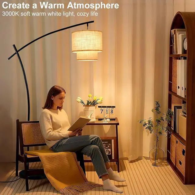 Alt view image 5 of 7 - Lightdot Arc Floor Lamp for Living Room, Modern Standing Tall Lamps with Double Linen Lampshade, Tall Hanging Pole Lamp with Stable Metal Base & Foot Switch for Bedroom Home Office-Black