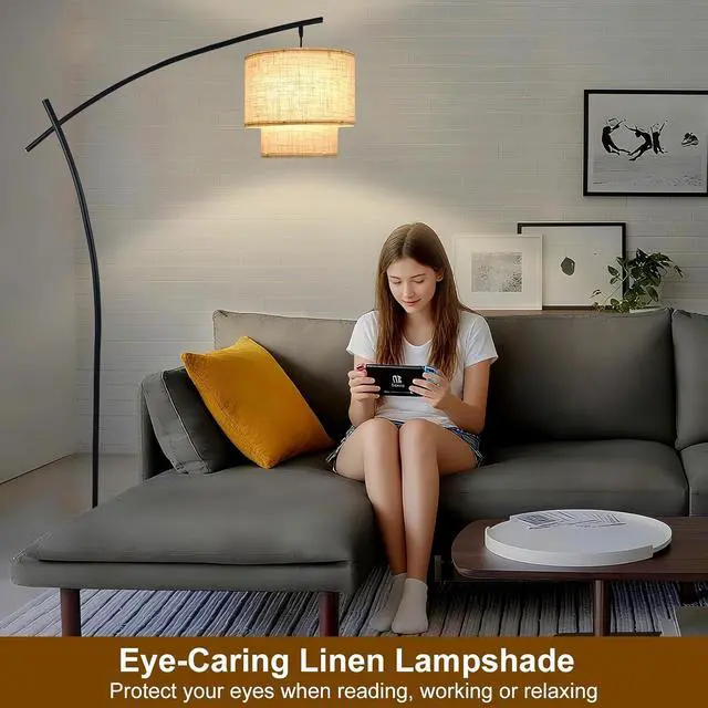 Alt view image 6 of 7 - Lightdot Arc Floor Lamp for Living Room, Modern Standing Tall Lamps with Double Linen Lampshade, Tall Hanging Pole Lamp with Stable Metal Base & Foot Switch for Bedroom Home Office-Black