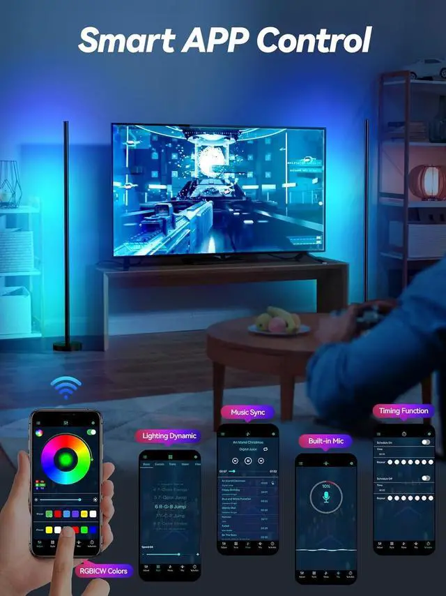 Alt view image 6 of 7 - Corner Floor Lamp, LED Corner Lamp with App and Remote Control, RGBICW 16 Million DIY Colors & 68+ Scene, Music Sync, Color Changing Smart Ambient Light for Living Rooms, Bedrooms, and Gaming Rooms