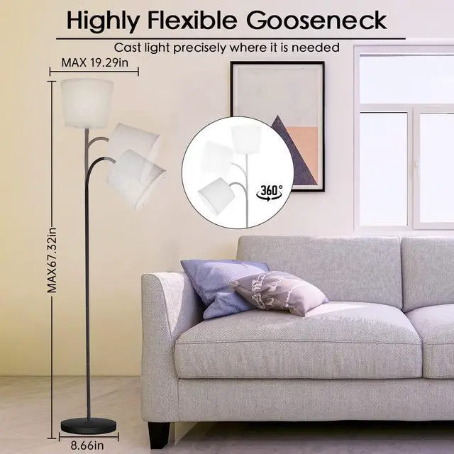 Alt view image 5 of 7 - LED Floor Lamp, Standing Lamp for Living Room with Linen Lamp Shade,Adjustable Gooseneck Modern Reading Light,Floor Lamps for Bedroom,Office,Farmhouse,12W LED Bulb Included