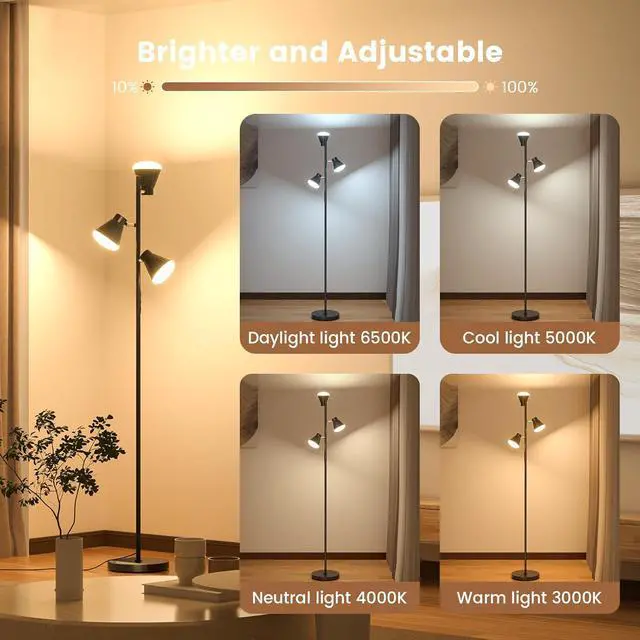 Alt view image 4 of 7 - 36W LED Tree Floor Lamp, Dimmable Tall Standing Lamp with Remote & Touch Control, 4 Color Temperatures Bright Floor Lamp, 3 Rotatable Light Modern Floor Lamps for Living Room Bedroom Office