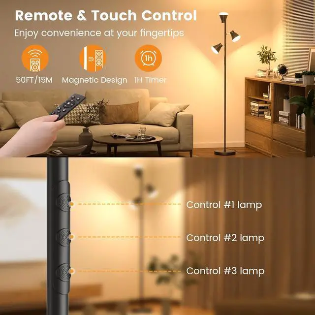 Alt view image 6 of 7 - 36W LED Tree Floor Lamp, Dimmable Tall Standing Lamp with Remote & Touch Control, 4 Color Temperatures Bright Floor Lamp, 3 Rotatable Light Modern Floor Lamps for Living Room Bedroom Office