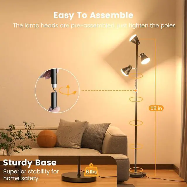 Alt view image 7 of 7 - 36W LED Tree Floor Lamp, Dimmable Tall Standing Lamp with Remote & Touch Control, 4 Color Temperatures Bright Floor Lamp, 3 Rotatable Light Modern Floor Lamps for Living Room Bedroom Office