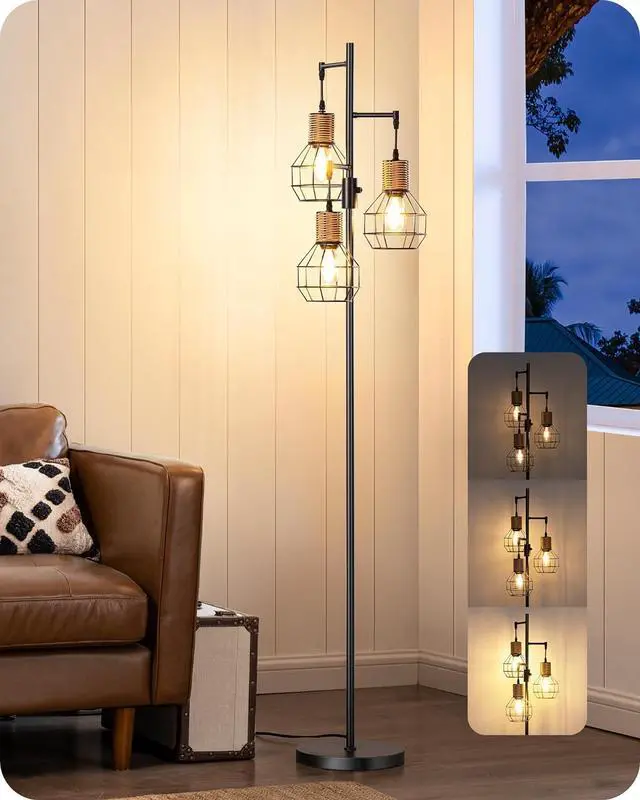 Main image of EDISHINE Dimmable Farmhouse Floor Lamp for Living Room, Industrial Black Standing Lamp with 3 LED Edison Bulbs, Corner Rustic Rattan Tall Tree Reading Lamps Home Decor for Bedroom, Office