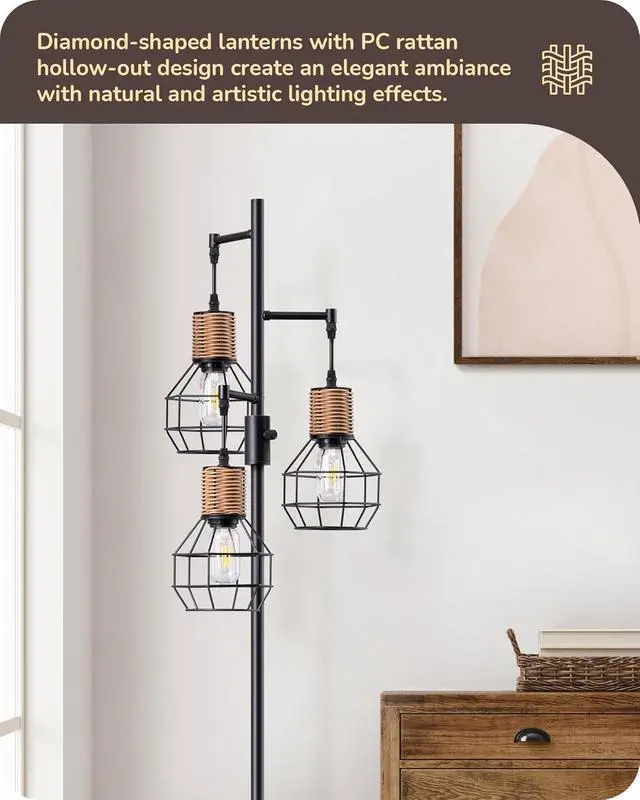 Alt view image 2 of 7 - EDISHINE Dimmable Farmhouse Floor Lamp for Living Room, Industrial Black Standing Lamp with 3 LED Edison Bulbs, Corner Rustic Rattan Tall Tree Reading Lamps Home Decor for Bedroom, Office