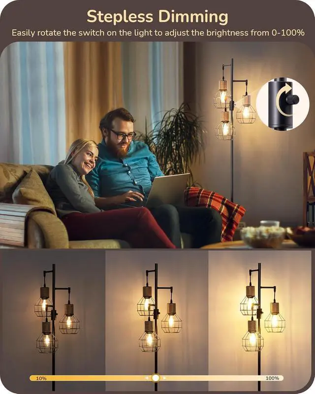 Alt view image 3 of 7 - EDISHINE Dimmable Farmhouse Floor Lamp for Living Room, Industrial Black Standing Lamp with 3 LED Edison Bulbs, Corner Rustic Rattan Tall Tree Reading Lamps Home Decor for Bedroom, Office