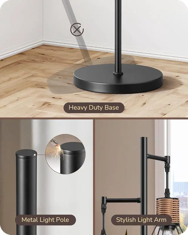 Alt view image 4 of 7 - EDISHINE Dimmable Farmhouse Floor Lamp for Living Room, Industrial Black Standing Lamp with 3 LED Edison Bulbs, Corner Rustic Rattan Tall Tree Reading Lamps Home Decor for Bedroom, Office