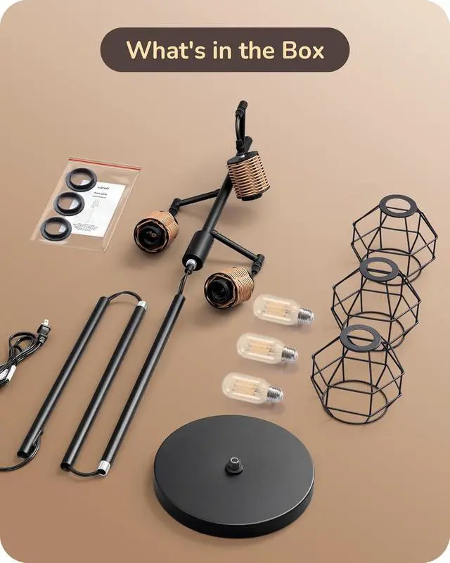 Alt view image 7 of 7 - EDISHINE Dimmable Farmhouse Floor Lamp for Living Room, Industrial Black Standing Lamp with 3 LED Edison Bulbs, Corner Rustic Rattan Tall Tree Reading Lamps Home Decor for Bedroom, Office