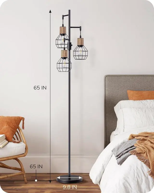 Alt view image 6 of 7 - EDISHINE Dimmable Farmhouse Floor Lamp for Living Room, Industrial Black Standing Lamp with 3 LED Edison Bulbs, Corner Rustic Rattan Tall Tree Reading Lamps Home Decor for Bedroom, Office