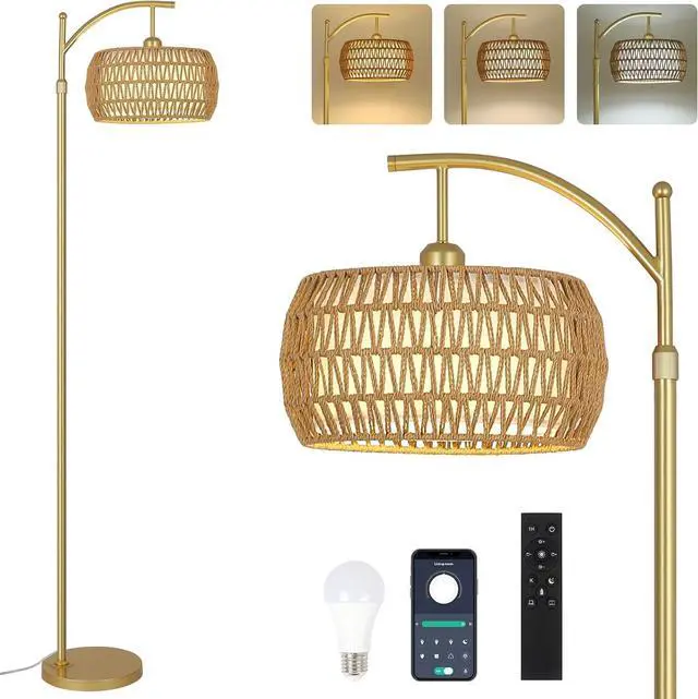 Main image of Arc Floor Lamp with 3 Color Temperatures, LED Gold Floor Lamp with Remote & Stepless Dimmable Bulb, Boho Standing Lamp with Rattan & Fabric Shades, Farmhouse Tall Lamp for Living Room Bedroom