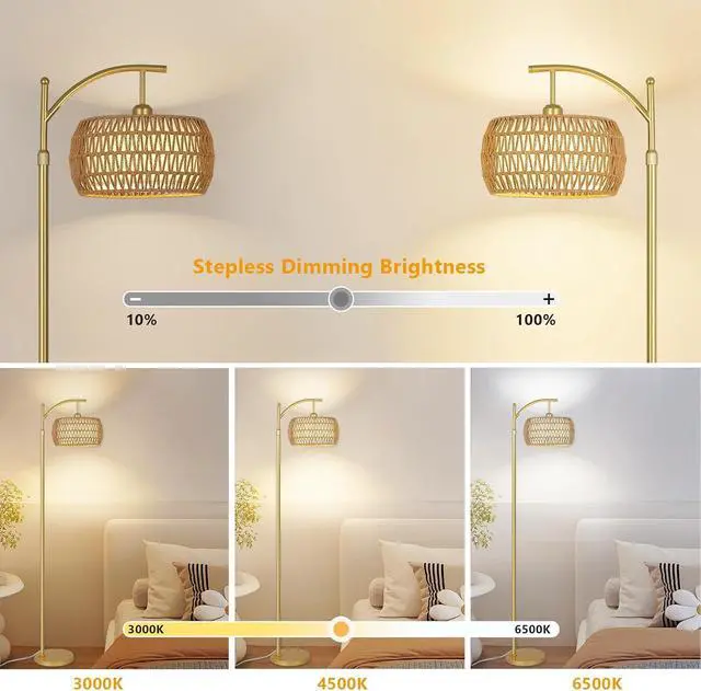 Alt view image 2 of 7 - Arc Floor Lamp with 3 Color Temperatures, LED Gold Floor Lamp with Remote & Stepless Dimmable Bulb, Boho Standing Lamp with Rattan & Fabric Shades, Farmhouse Tall Lamp for Living Room Bedroom
