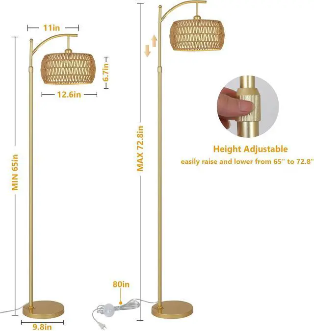Alt view image 5 of 7 - Arc Floor Lamp with 3 Color Temperatures, LED Gold Floor Lamp with Remote & Stepless Dimmable Bulb, Boho Standing Lamp with Rattan & Fabric Shades, Farmhouse Tall Lamp for Living Room Bedroom
