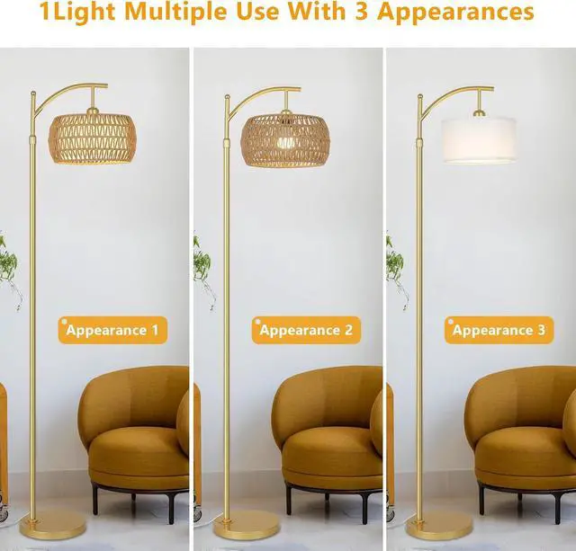 Alt view image 6 of 7 - Arc Floor Lamp with 3 Color Temperatures, LED Gold Floor Lamp with Remote & Stepless Dimmable Bulb, Boho Standing Lamp with Rattan & Fabric Shades, Farmhouse Tall Lamp for Living Room Bedroom