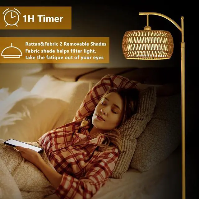 Alt view image 7 of 7 - Arc Floor Lamp with 3 Color Temperatures, LED Gold Floor Lamp with Remote & Stepless Dimmable Bulb, Boho Standing Lamp with Rattan & Fabric Shades, Farmhouse Tall Lamp for Living Room Bedroom