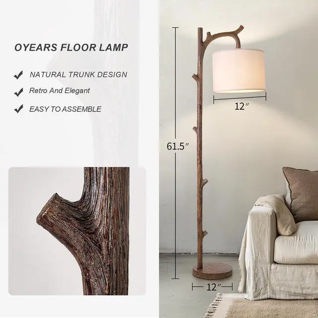 Alt view image 3 of 7 - OYEARS Retro Farmhouse Floor Lamp for Living Room Rustic Standing Lamps Tree Trunk Deco Modern Country Vintage Wood Floor LampBrown
