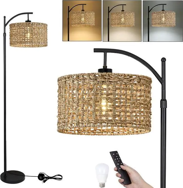 Main image of Arc Floor Lamp for Living Room with Remote Control,Farmhouse Boho Floor Lamps with 3 Color Temperature,Rustic Standing Lamp with Rattan Wicker Shades,Adjustable Tall Lamp for Bedroom,Office,Reading